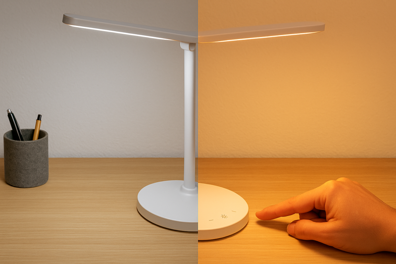 A user's hand is shown adjusting the touch controls on the base of an LED lamp. The light shining from the lamp is visibly changing from a crisp, cool white to a soft, warm, golden glow to illustrate the color adjustment feature.