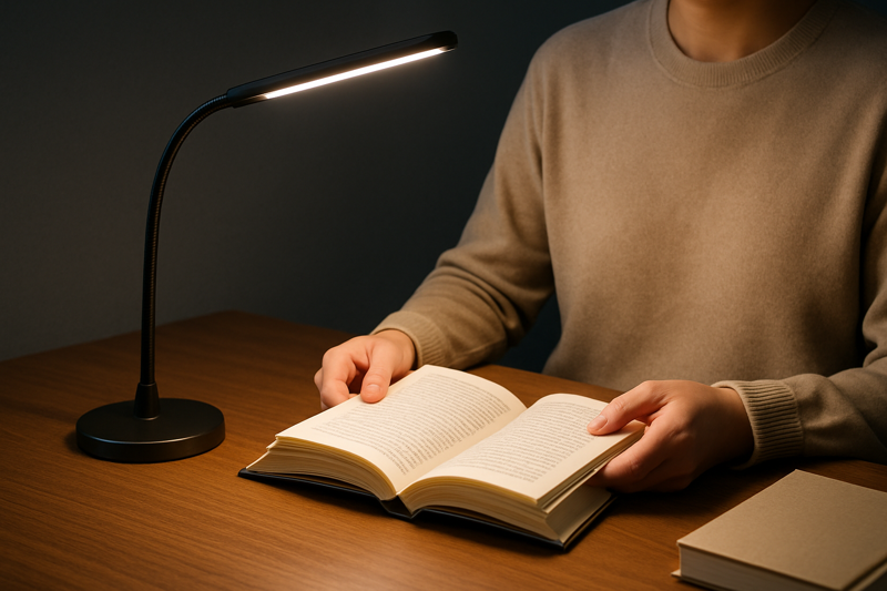 A serene and focused photo of a person comfortably reading a book at a well-lit desk, with a modern, eye-caring LED lamp providing a pool of clean, clear light onto the page
