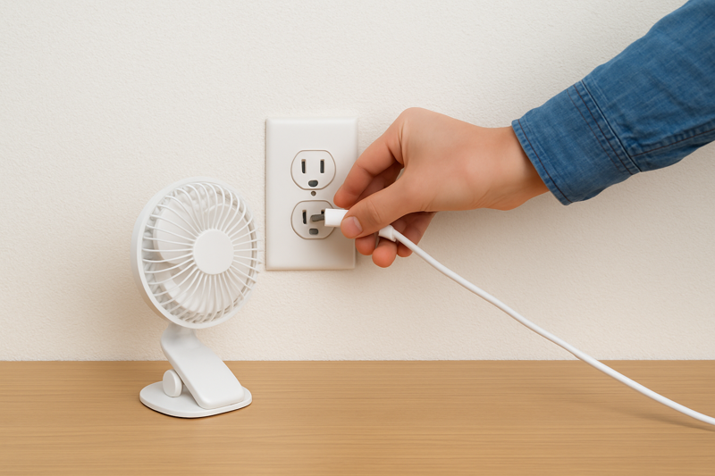 A simple, clear photo showing a person plugging a small, working fan into the same wall outlet the lamp was in to demonstrate how to test for power.