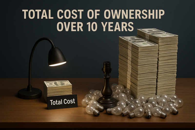 A powerful image showing two stacks of money on a desk. One small stack is behind a single LED lamp, labeled 