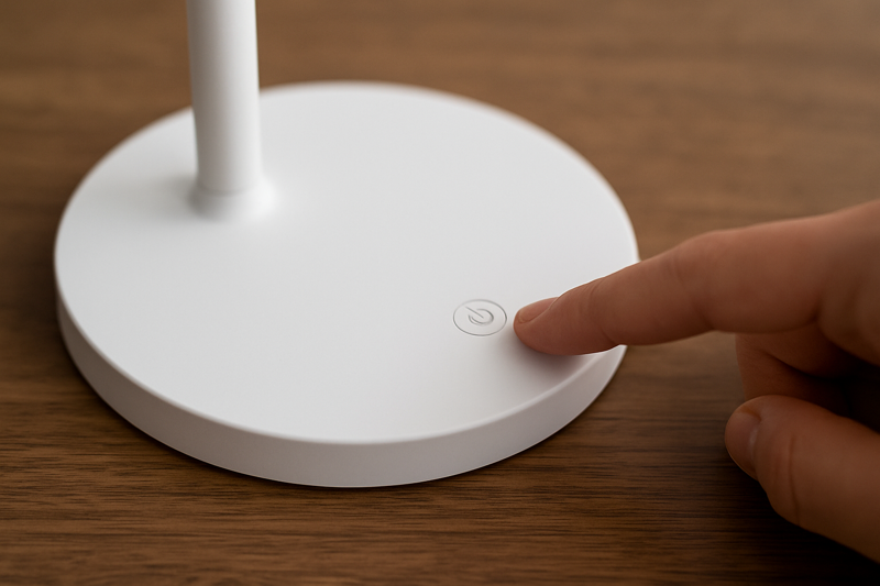 An image showing a finger about to press a touch-sensitive power button on the base of an LED lamp. The focus is sharp on the button, implying it is the next step in the diagnostic process.