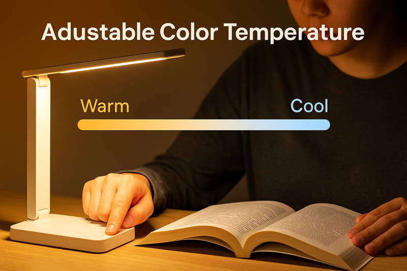 A user is shown comfortably reading under an LED lamp, adjusting the color temperature from a warm, relaxing yellow to a cool, focused white with a simple touch.