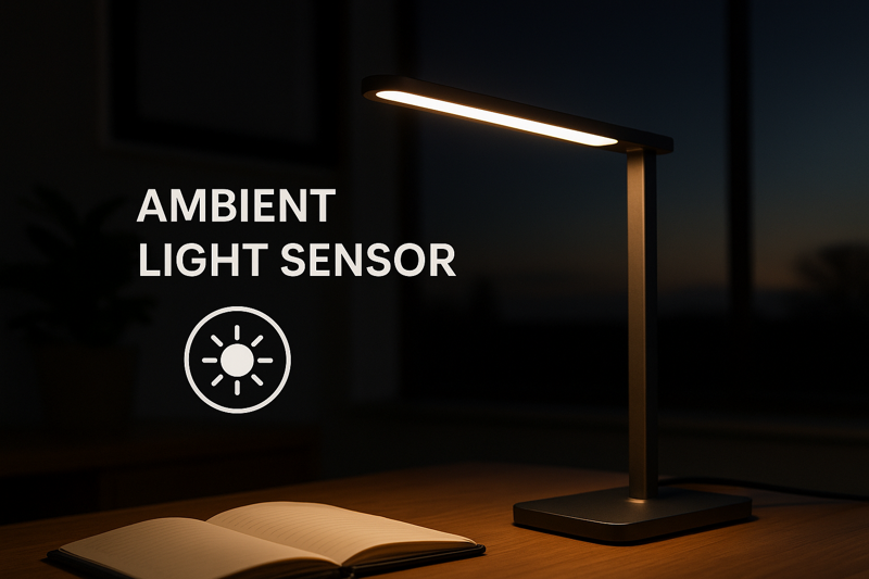 A sleek lamp on a desk at dusk. An ambient light sensor is highlighted, and the lamp's glow is automatically adjusting to match the dimming room light.