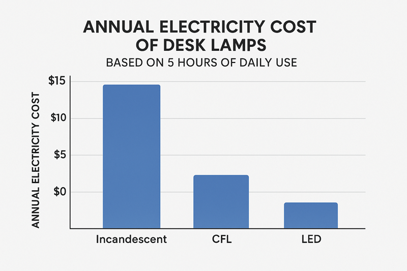 A simple bar chart comparing the annual electricity cost of three different lamp types based on 5 hours of daily use. The incandescent bar is tall (around $15), the CFL bar is short (around $4), and the LED bar is tiny (around $2.50).