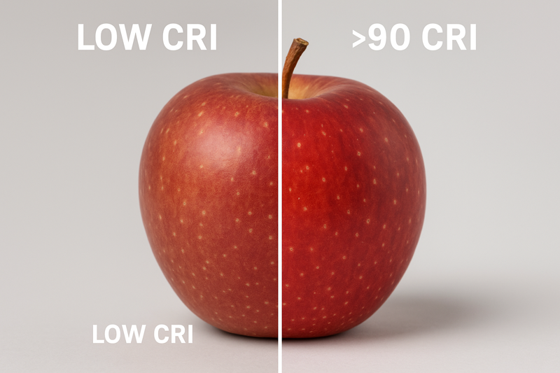 A split-image of a red apple. On the left, under low CRI light, the apple looks dull and brownish. On the right, under high CRI (>90) light, the apple looks vibrant, deep red, and natural.