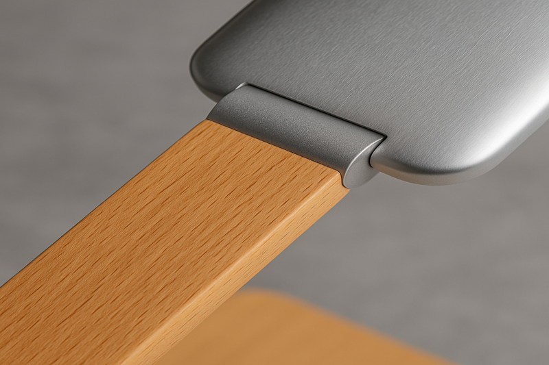 A close-up shot highlighting the premium texture and joinery of a desk lamp made with real beech wood and brushed aluminum, emphasizing quality craftsmanship.