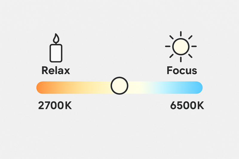 A visual slider graphic showing the color temperature scale, with a sun icon at the cool white end (6500K, labeled 