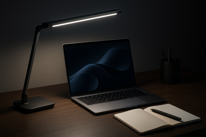 A stylish and modern desk setup featuring a sleek, multi-functional LED desk lamp illuminating a laptop and notebook, symbolizing the pinnacle of 2024 lighting technology