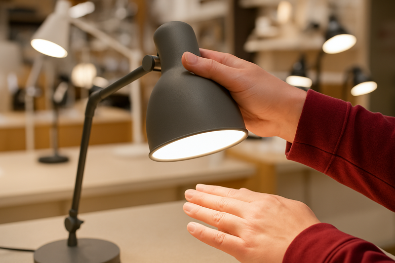 A desk lamp is shown in a retail store with a customer's hand on it, feeling the texture of the material and examining the quality of the light it casts on the surface below.