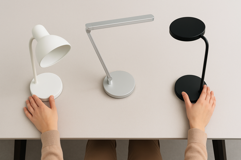 An artfully arranged photo showing a person's hands comparing three different styles of LED desk lamps on a clean, modern desk, suggesting a thoughtful selection process