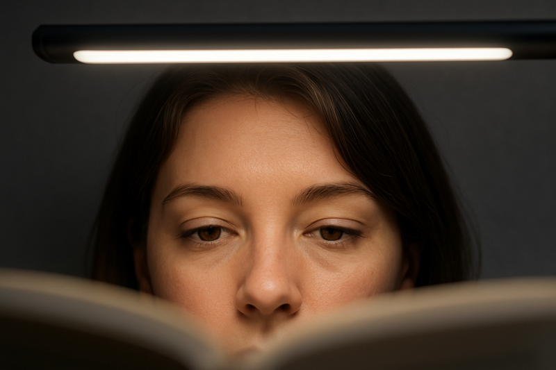 A close-up shot of a person's eyes, looking relaxed and comfortable while reading under the soft, stable glow of a high-quality LED desk lamp.
