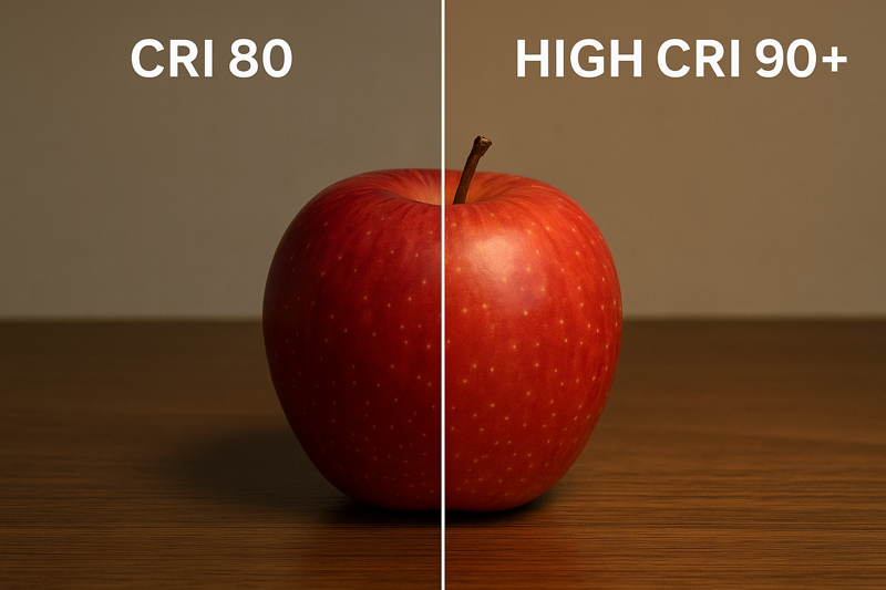 A split-screen image comparing an object under a standard CRI 80 light (looking slightly dull) versus a high CRI 90+ light (looking vibrant and true-to-life).