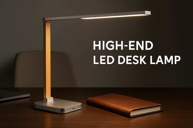 A luxurious and minimalist office desk featuring a sleek, architecturally designed high-end LED lamp made of brushed aluminum and wood, casting perfect light on a leather-bound journal