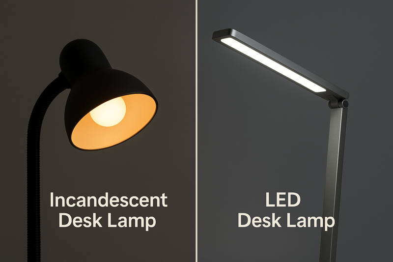 A split image showing a classic, warm-glowing incandescent desk lamp on one side and a sleek, modern LED desk lamp with cool, bright light on the other.