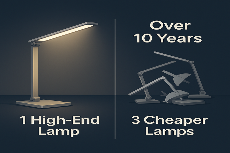An infographic-style image showing a single high-end lamp lasting over 10 years, contrasted with a pile of three cheaper, broken lamps that were replaced over the same period.