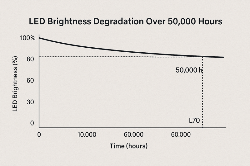 A line graph showing the brightness of an LED over time, starting at 100% and very, very slowly declining, with a clear marker at the 50,000-hour point showing it has reached the 70% 