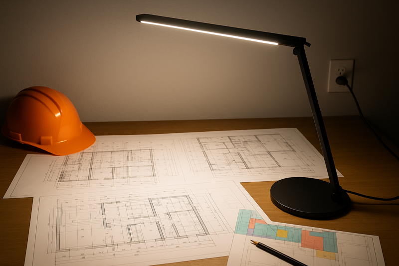 An architect's desk is shown with blueprints spread out. A large, powerful, outlet-powered desk lamp brightly illuminates the entire workspace, showing crisp lines and true-to-life colors on the plans.