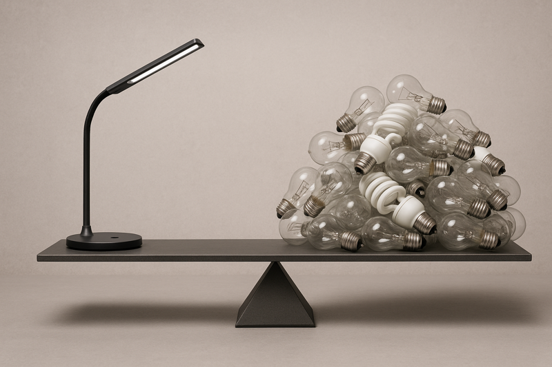 An image showing a single, sleek LED desk lamp on one side of a scale, balancing out a large pile of old incandescent and CFL bulbs on the other side, symbolizing its long-term value