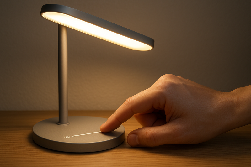 An image showcasing a hand adjusting the brightness slider on the base of a modern LED desk lamp. The light from the lamp is visibly changing, illustrating the concept of adjustable brightness control.