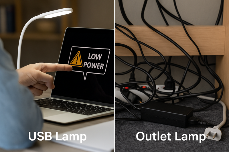 A split-image showing the potential downsides of each lamp type. On the left, a frustrated user points to a 