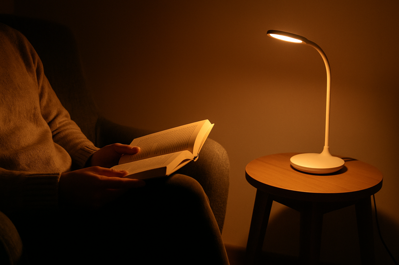 A cozy, relaxing evening scene. A person is reading a book in a comfortable chair, with an LED lamp on a nearby table set to a very dim, warm, and gentle glow, creating a serene and peaceful atmosphere.