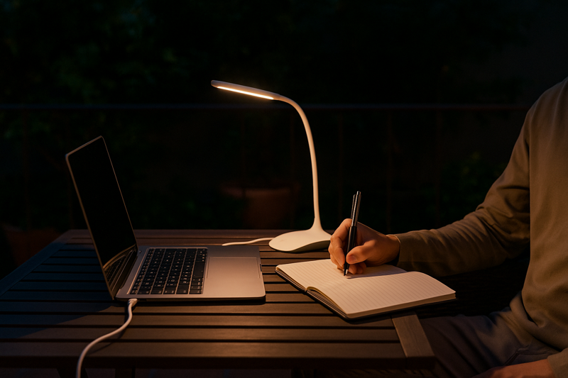 A picture of a person working comfortably on an outdoor patio in the evening. Their laptop is open and a slim, USB-powered LED desk lamp, connected to the laptop's port, brightly illuminates their notebook.