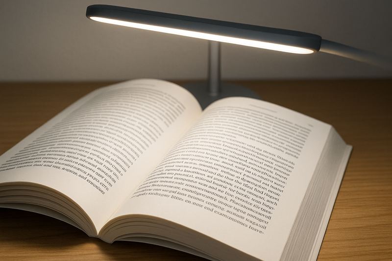 A close-up shot of a book or document on a desk, perfectly illuminated by a bright, clean light from an LED lamp. The text is incredibly sharp and easy to read, with no distracting shadows or glare