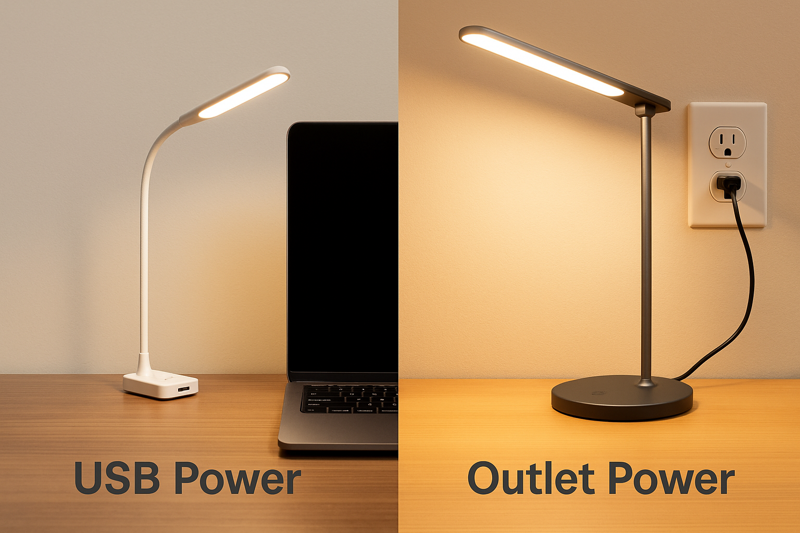 An image showing a side-by-side comparison. On the left, a sleek, minimalist USB-powered lamp is plugged into a laptop. On the right, a larger, brighter outlet-powered lamp with a wireless charging base is plugged into a wall socket.