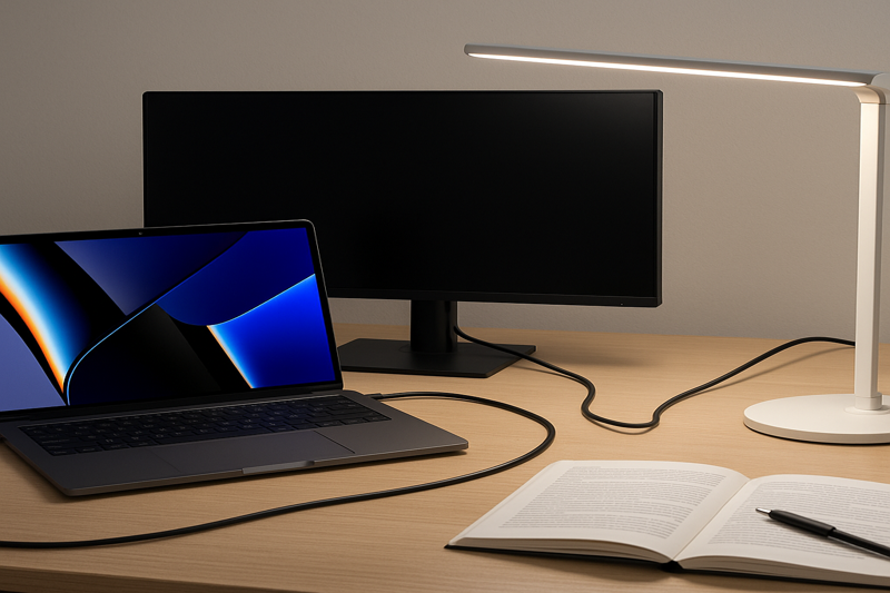 A futuristic desk setup shows a single USB-C cable connecting a powerful laptop to a monitor. Another USB-C cable runs from the monitor to a bright, modern LED desk lamp, demonstrating a clean, single-cable ecosystem.