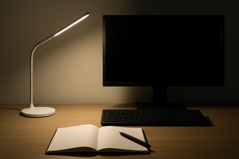 An image of a comfortable, glare-free computer workstation. A desk lamp is positioned to the side, casting a soft, gentle light on the keyboard and a notebook, while the computer monitor remains perfectly clear and reflection-free.