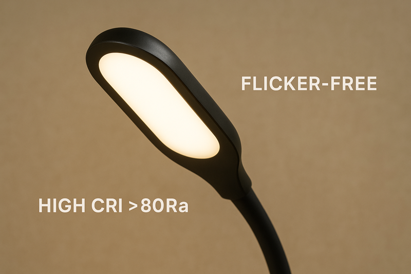 A close-up image showing the soft, even glow from an affordable desk lamp, with text overlays pointing out 