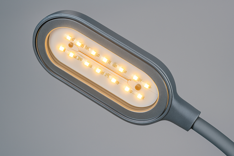 A close-up, semi-transparent view of an LED desk lamp head, showing the small, glowing LED chips on the circuit board within, illustrating the modern technology.