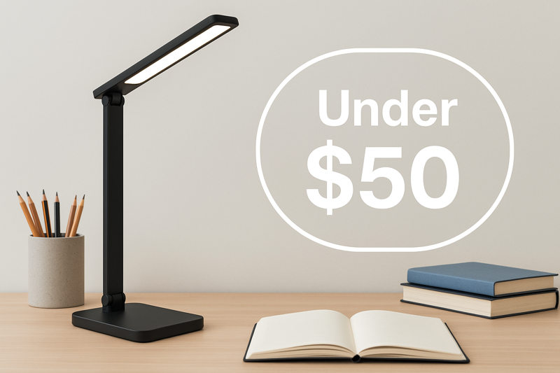 A stylish and modern desk lamp with a price tag showing "Under $50" prominently displayed, sitting on a clean, organized student desk