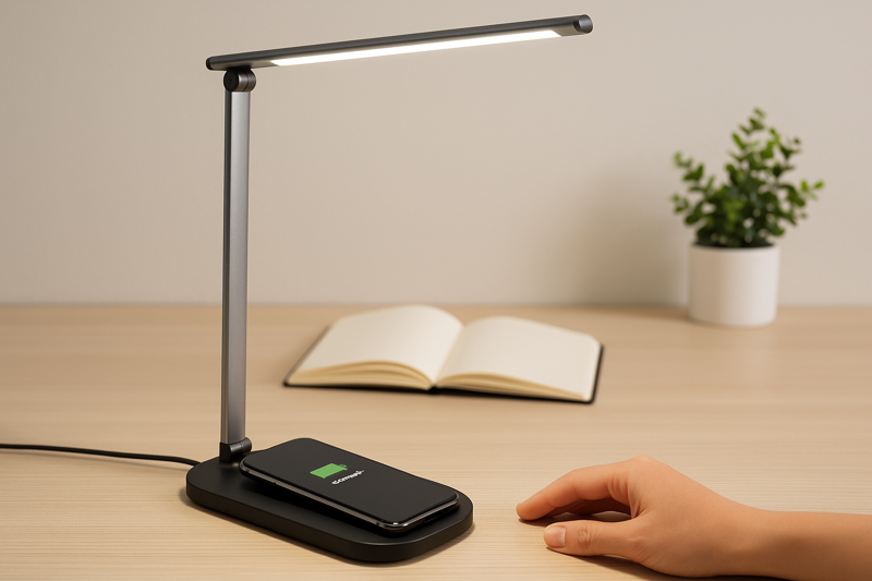 A sleek, modern LED lamp on a tidy desk. A smartphone is resting on the base, and its screen shows that it is actively wireless charging.