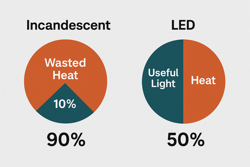 An infographic showing two energy pies. One for an incandescent bulb shows a huge 90% slice labeled "Wasted Heat" and a tiny 10% slice for "Useful Light." The LED pie shows 50% "Useful Light" and 50% "Heat."