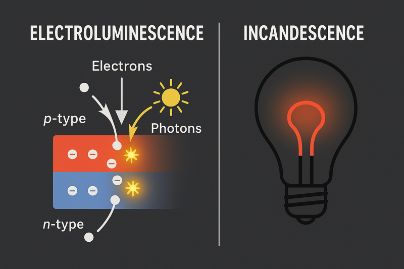 A simple animated diagram showing electrons crossing a p-n junction in an LED and releasing photons of light, contrasted with a diagram of an incandescent filament glowing red hot.