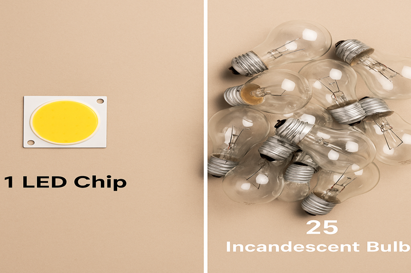 A single, durable LED chip is shown next to a pile of 25 fragile, burnt-out incandescent light bulbs, visually representing the lifespan difference.
