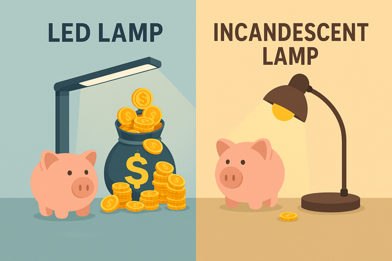 An infographic-style image showing a piggy bank next to an LED lamp overflowing with coins, contrasted with a piggy bank next to an incandescent lamp that is nearly empty.