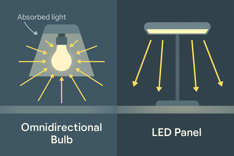 A comparison diagram. On one side, an omnidirectional bulb in a lampshade shows light rays going in all directions, with many being trapped and absorbed. On the other side, a flat LED panel shows all light rays pointing straight down to the desk.