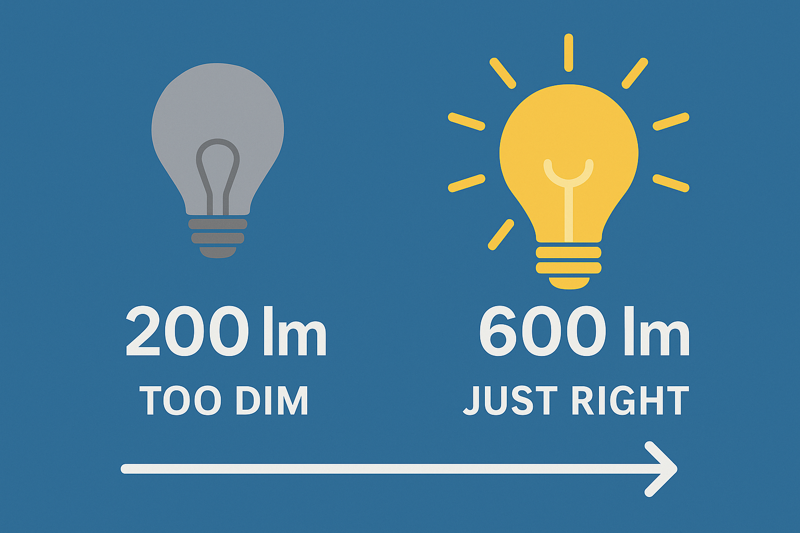 An infographic showing a lightbulb icon with a low number (200 lm, labeled 