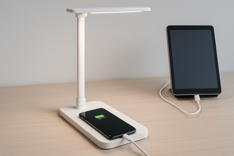 A clean, minimalist desk where a smartphone is actively charging on the base of an LED lamp. The lamp itself also has a USB port on the side where a tablet is plugged in.