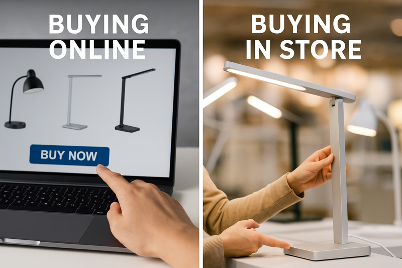 A split image showing a person's finger hovering over a "Buy Now" button on a laptop displaying desk lamps, contrasted with another person physically touching and examining an LED lamp in a well-lit retail store