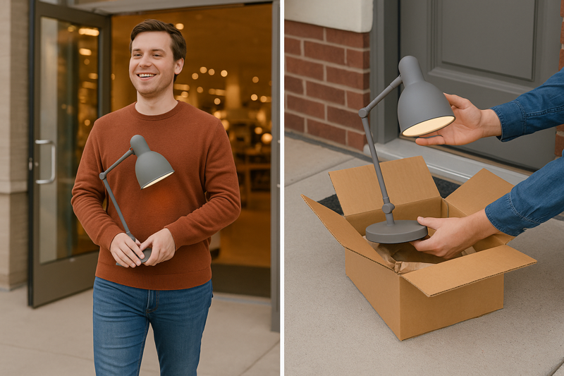 A split image shows a person happily walking out of a store carrying their new lamp, contrasted with a person opening a delivered package containing a lamp on their doorstep.
