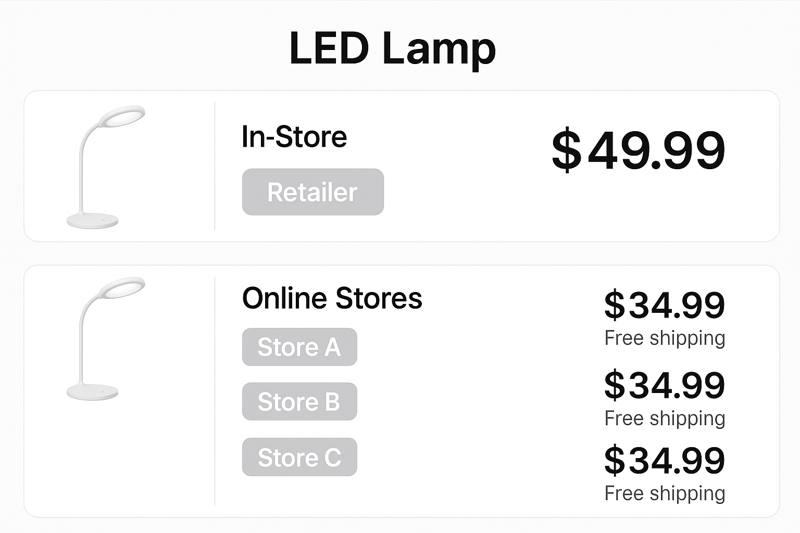 A screenshot of a price comparison engine showing the same model of LED lamp. One listing is from a physical retail chain for $49.99, while several online stores have it for $34.99 with free shipping.
