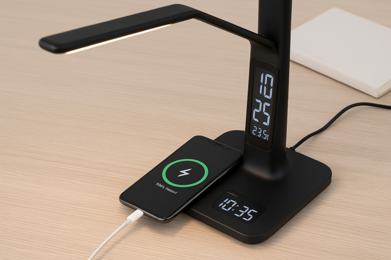 A clean, minimalist desk where a smartphone is actively charging on the base of an LED lamp. The lamp's built-in screen displays the current time and temperature.