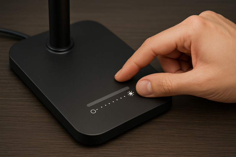 A user's hand is shown sliding across an intuitive touch panel on a lamp's base, demonstrating the smooth, stepless adjustment of the light's brightness.
