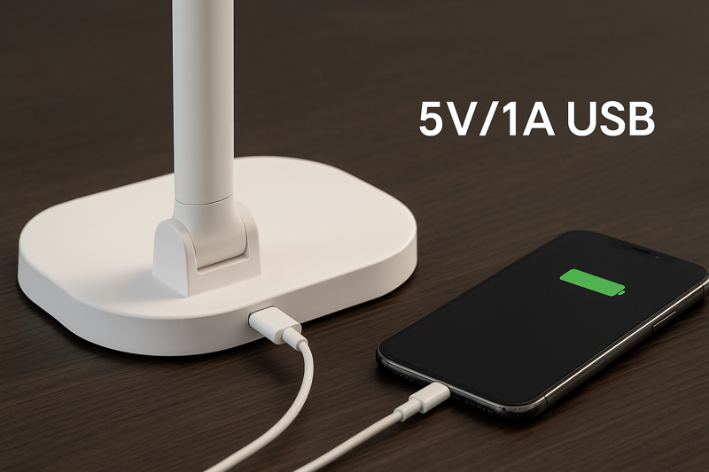 A smartphone plugged into the simple 5V/1A USB port on the back of an affordable LED desk lamp, demonstrating its practical charging capability.