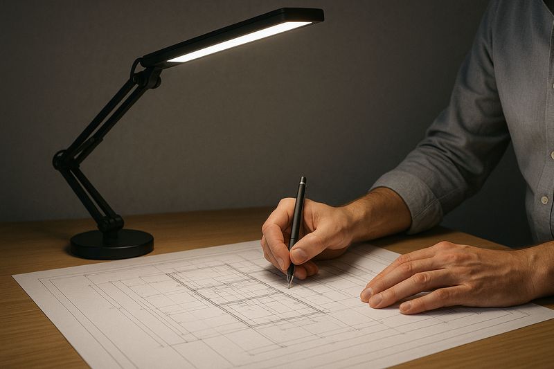 An image of an architect's hands working on a large blueprint. An adjustable, long-arm desk lamp is extended over the table, precisely lighting up the specific section they are drawing on, leaving the rest of the desk in softer light.