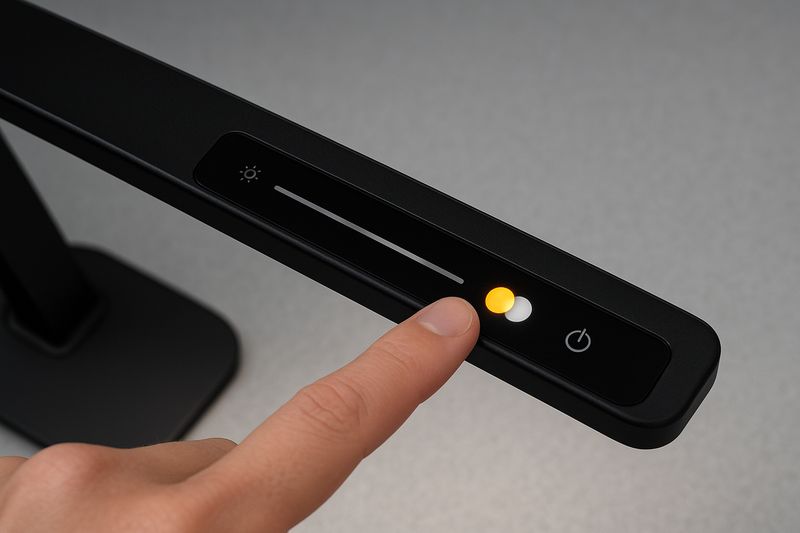 A close-up shot of a sleek touch-control panel on a modern LED desk lamp. A finger is shown sliding along a dimmer bar and tapping an icon that cycles through different color temperatures, visually represented by warm yellow and cool white LEDs.