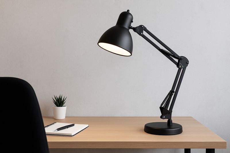 alt text: A sleek, architect-style black desk lamp with a stable base, fitting into a modern office decor